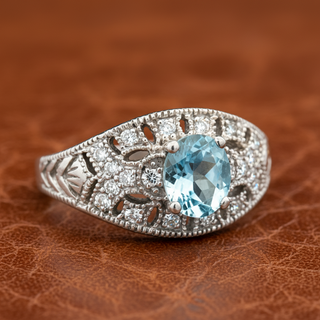Estate Aquamarine, Diamond, and 14K White Gold Antique Ring