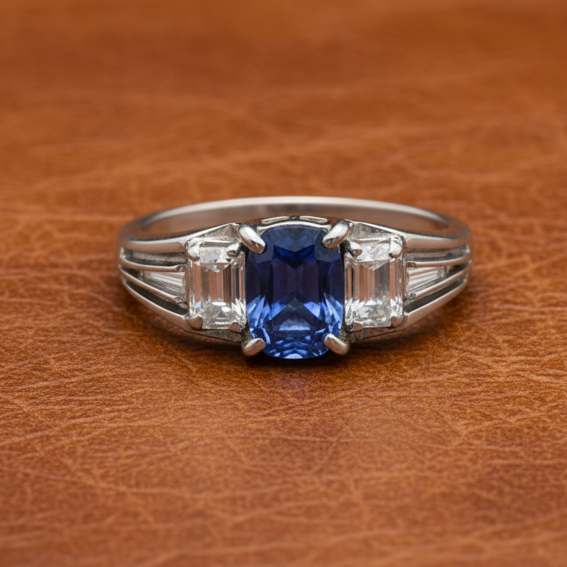 Estate Sapphire and Diamond Three Stone Platinum Ring