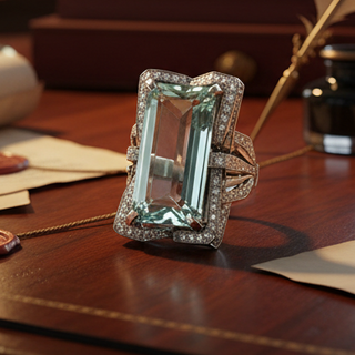 Estate Aquamarine and Diamond Platinum Ring — side view