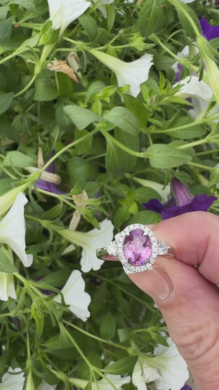 Estate Modern Pink Sapphire and Diamond 18Kt White Gold Ring — detail view