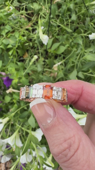 Estate Modern 5.39ctw Multi Color Sapphire and Diamond 18Kt Yellow Gold Eternity Ring — detail view