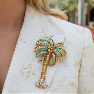 Estate Italian Modern 1980's 18K Yellow God 15.00 ctw Yellow Sapphire, Emerald and Diamond Monkey on Palm Tree Brooch — side view