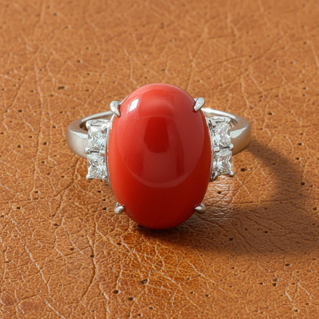 Estate Natural Coral and Diamond Platinum Ring