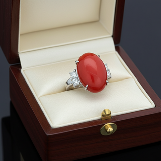 Estate Natural Coral and Diamond Platinum Ring — side view