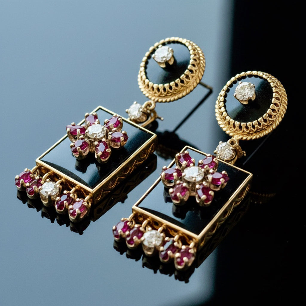 Estate Vintage Diamond Ruby and Onyx Custom Made 14K Yellow/White Gold Earring