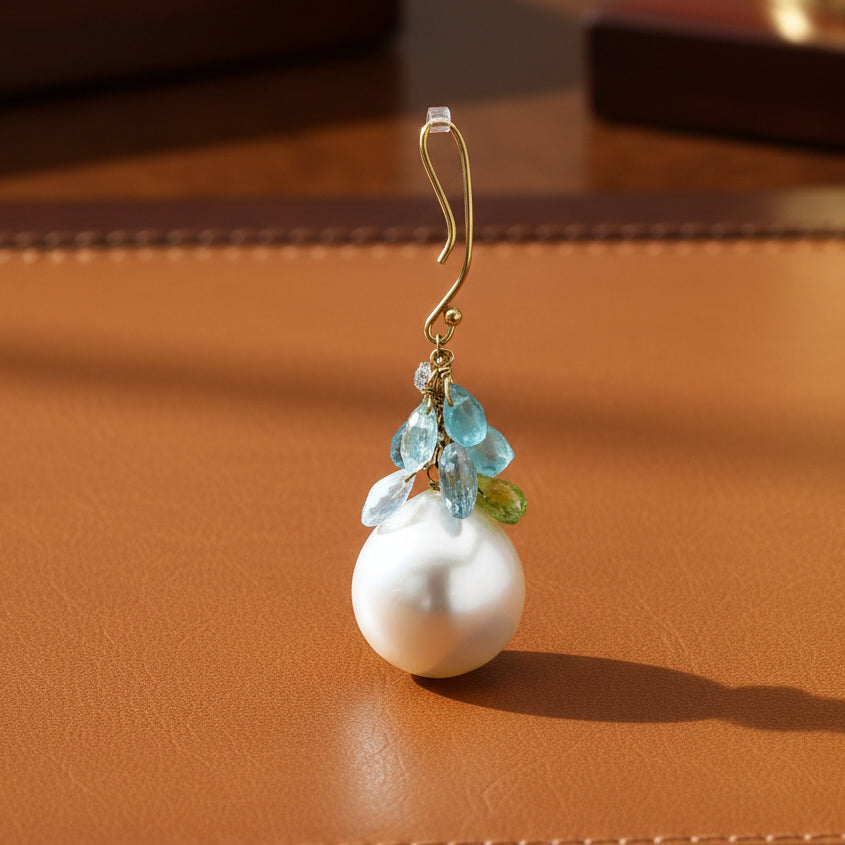 Estate South Sea Pearl Semi Precious Dangle 14K Yellow Earrings