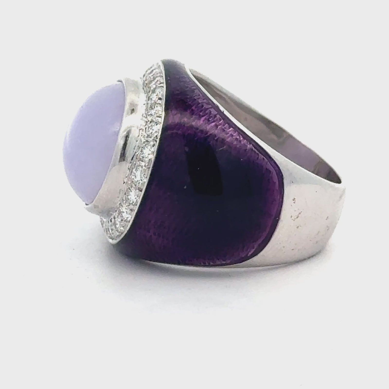 Estate Designer Nini Purple Jadiete and Diamond, Enamel 18Kt White Gold Ring — detail view