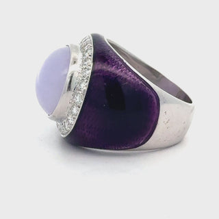 Estate Designer Nini Purple Jadiete and Diamond, Enamel 18Kt White Gold Ring — detail view
