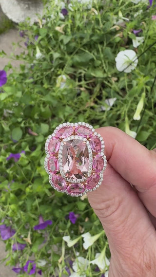 Estate Modern Pink Sapphire, Morganite, Diamond 18Kt Yellow Gold Ring — scale view