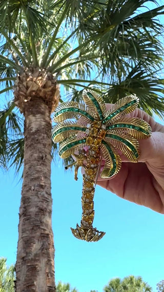 Estate Italian Modern 1980's 18K Yellow God 15.00 ctw Yellow Sapphire, Emerald and Diamond Monkey on Palm Tree Brooch — reverse view