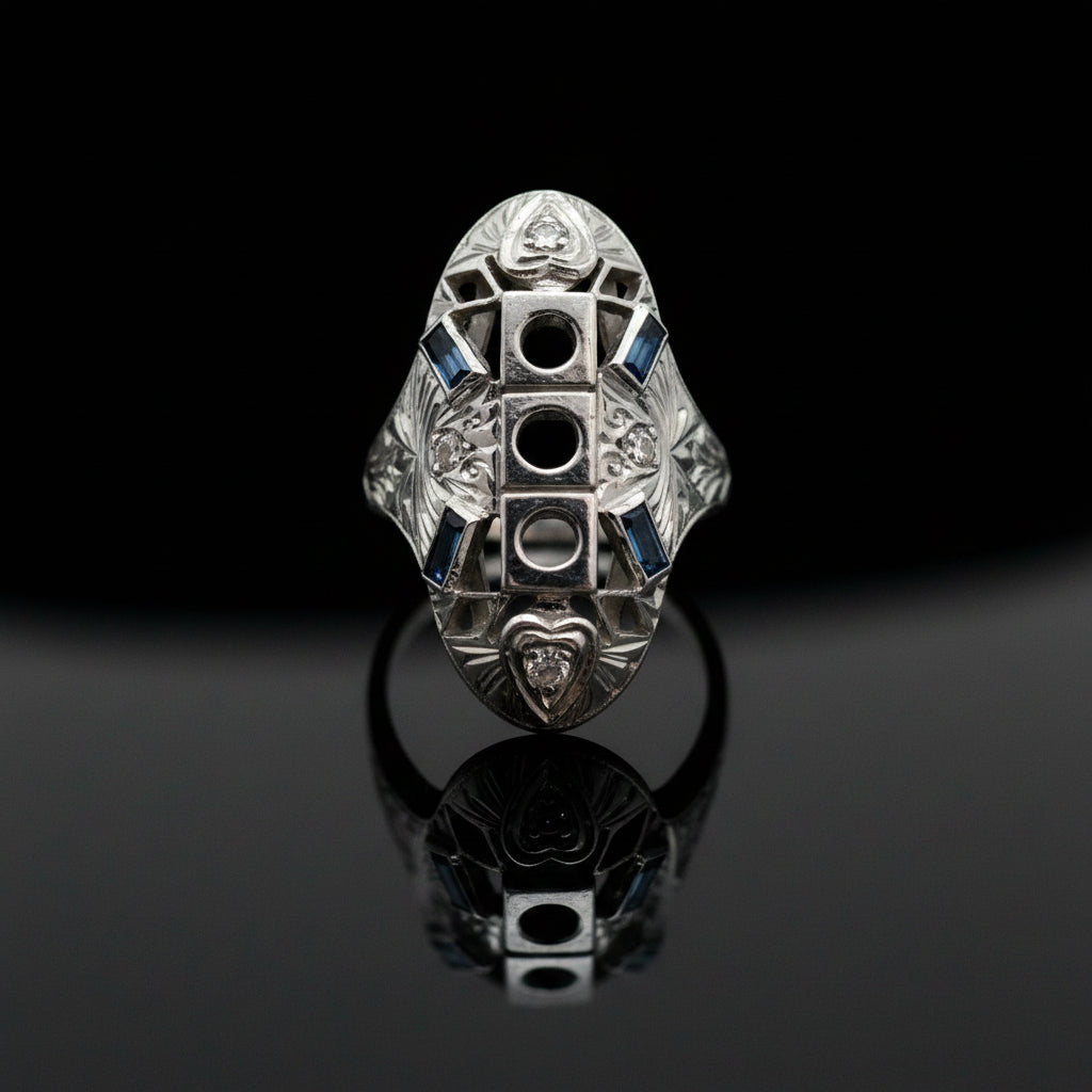 Estate jewelry — A Sapphire and Diamond Semi-Mount, Engraved, in White Gold, engraved sapphire and diamond semi-mount in 18K white gold