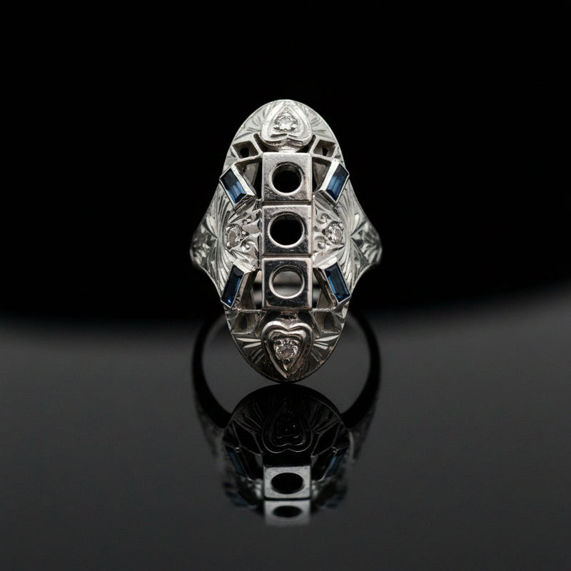 Estate jewelry — A Sapphire and Diamond Semi-Mount, Engraved, in White Gold, engraved sapphire and diamond semi-mount in 18K white gold