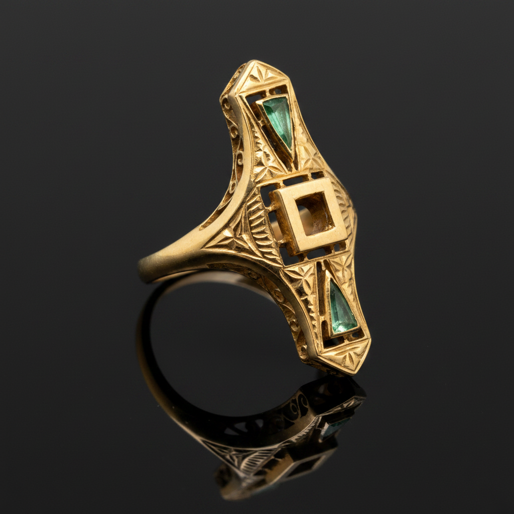 Estate jewelry — A Square Setting, Left Open, trillion-cut emerald semi-mount in 18K yellow gold