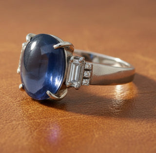 Estate Star Sapphire, Diamond and Platinum 3-Stone Ring