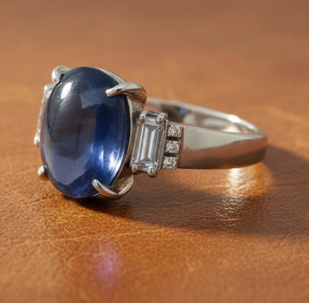 Estate Star Sapphire, Diamond and Platinum 3-Stone Ring