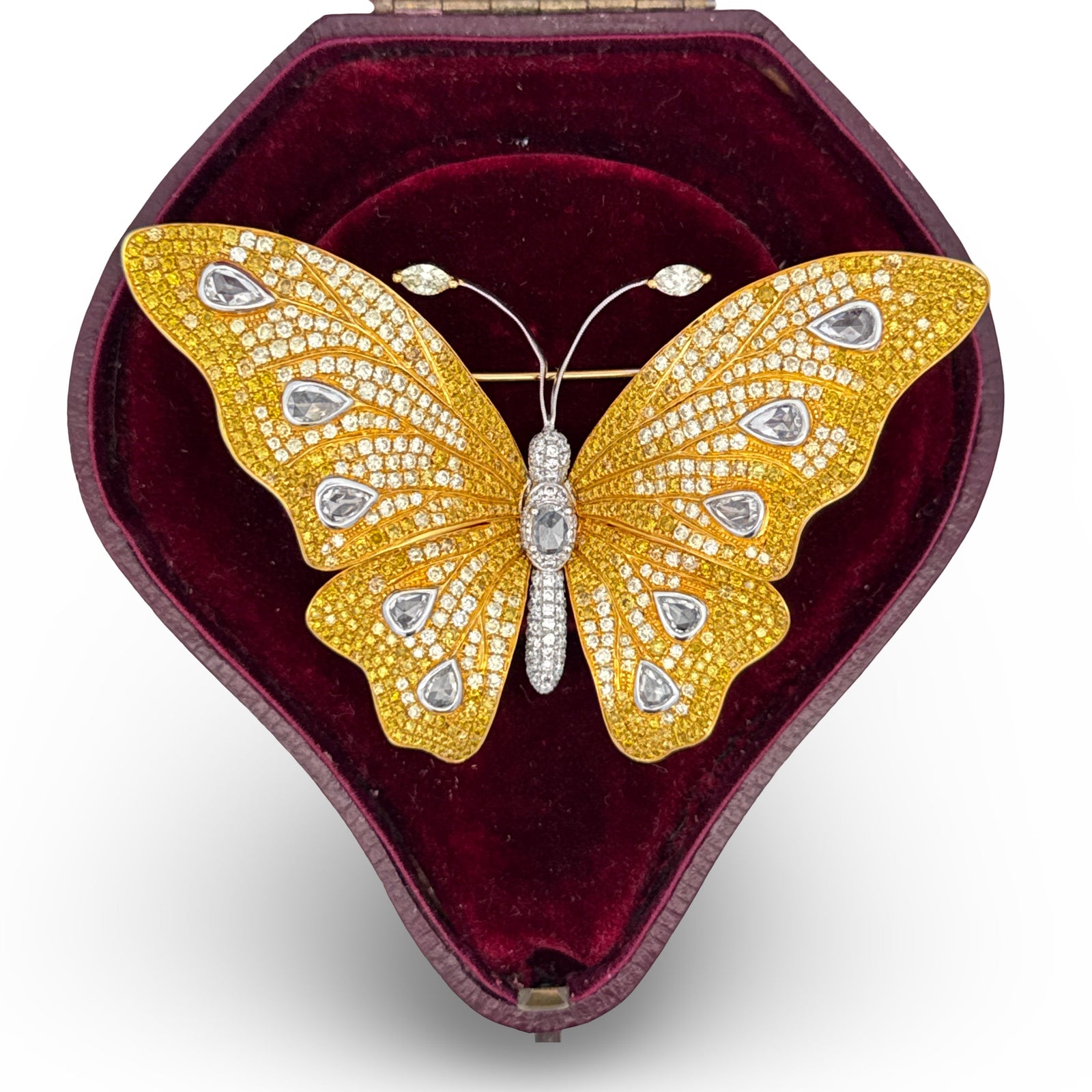 Estate Butterfly Natural Fancy Yellow and White Diamond 18Kt Yellow and White Gold Brooch — detail view
