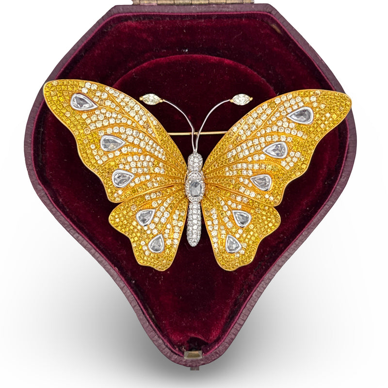 Estate Butterfly Natural Fancy Yellow and White Diamond 18Kt Yellow and White Gold Brooch — detail view