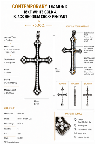 Estate Contemporary Diamond 18Kt White Gold & Black Rhodium Cross Pendant — side view