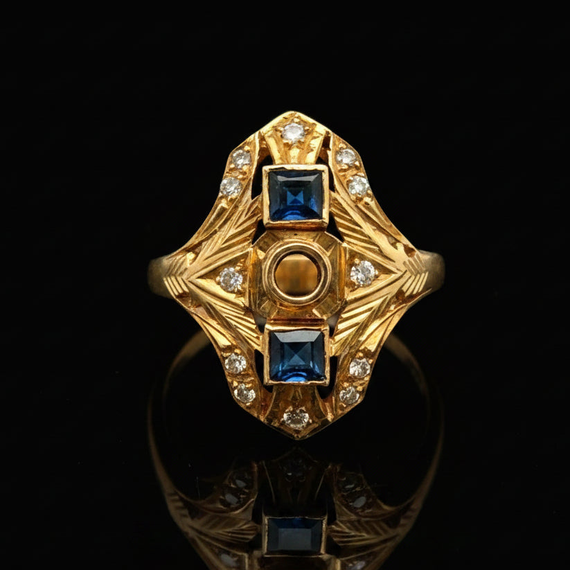 Estate jewelry — Two Sapphires, Standing Guard, sapphire and diamond semi-mount in 18K yellow gold
