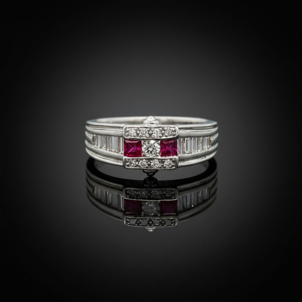 Estate jewelry — A Ring, Flanked in Red, ruby and diamond ring in platinum, 0.55 cttw diamonds
