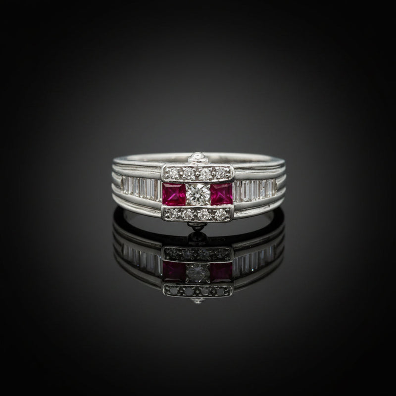 Estate jewelry — A Ring, Flanked in Red, ruby and diamond ring in platinum, 0.55 cttw diamonds