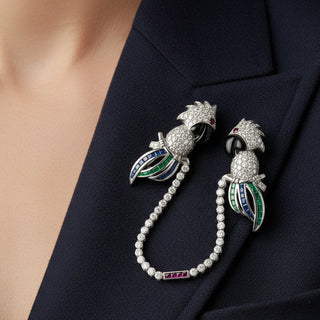 Estate Tutti Frutti Influence Double Clip (Duette) Diamond, Onyx, Emerald, Sapphire, Ruby 18K White Gold Parrott Brooch — scale view