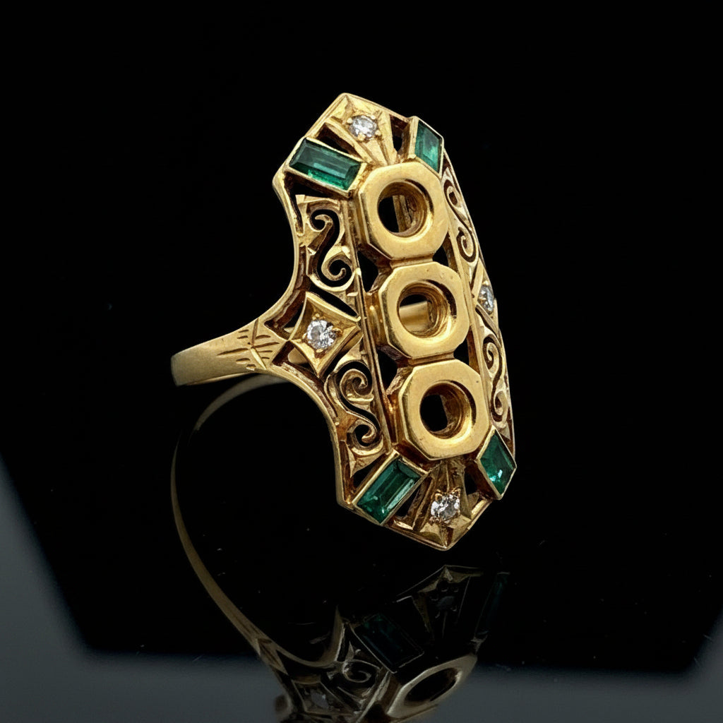 Estate jewelry — A Semi-Mount, Awaiting Its Emerald, emerald-cut emerald and diamond semi-mount in 18K yellow gold