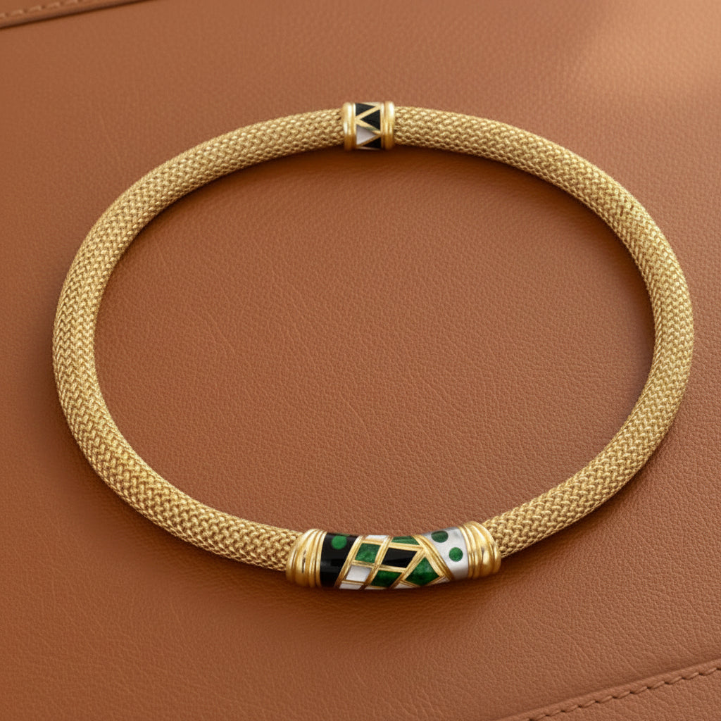 Asch Grossbardt Inlay Onyx, Mother of Pearl, Malachite 14k Yellow Gold Necklace