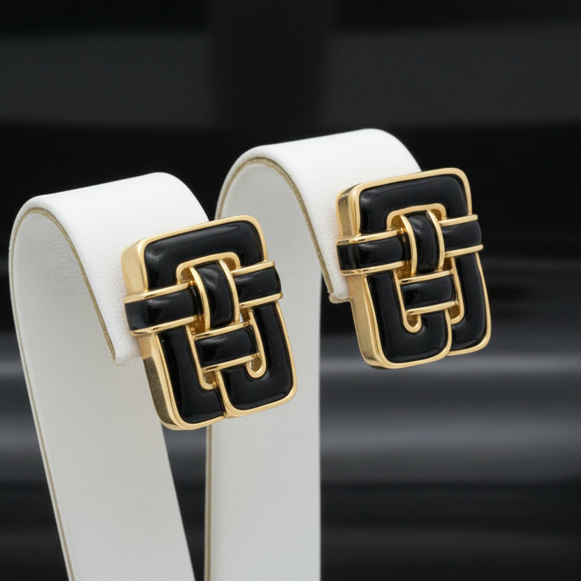 Estate Designer Angela Cummings Black Enamel and 18Kt Yellow Gold Weave Earrings — side view