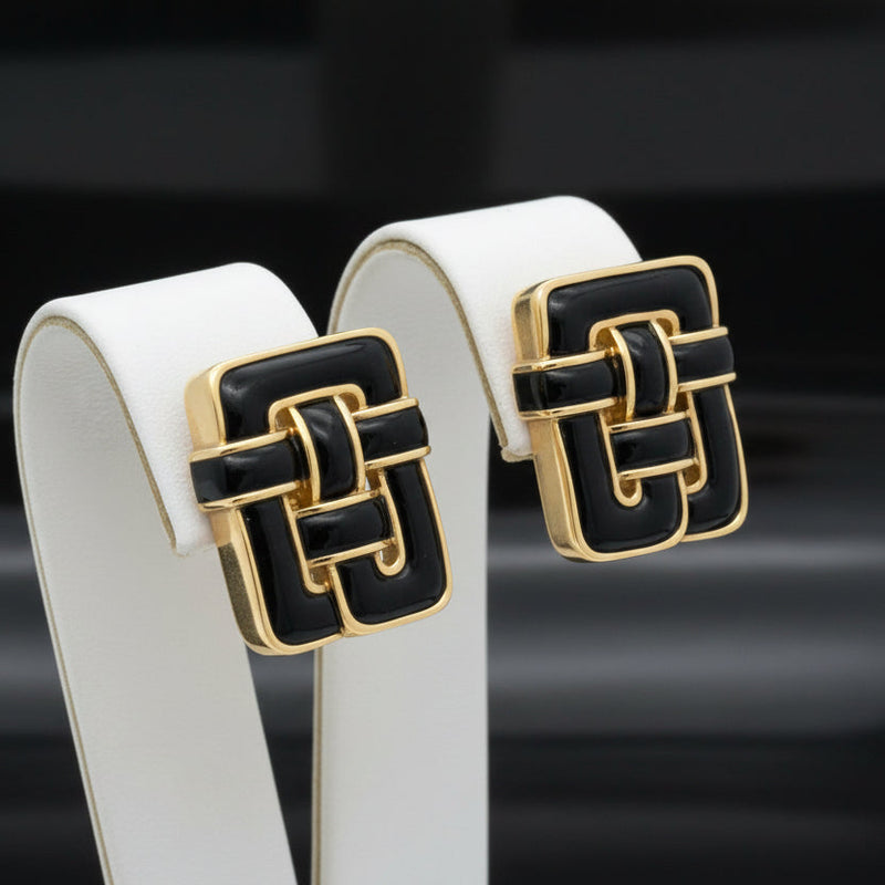 Estate Designer Angela Cummings Black Enamel and 18Kt Yellow Gold Weave Earrings — side view