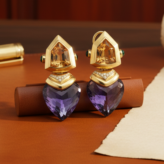 Personal Estate Of Hollywood Actress Diane Ladd 40 ctw Amethyst 20 ctw Citrine and Diamond 18K YG Earrings