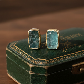 Estate Modern Designer Rough Cut Aquamarine, Silver & 18kt Yellow Gold Set — scale view