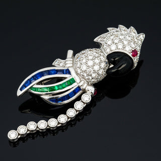Estate Tutti Frutti Influence Double Clip (Duette) Diamond, Onyx, Emerald, Sapphire, Ruby 18K White Gold Parrott Brooch — alternate view
