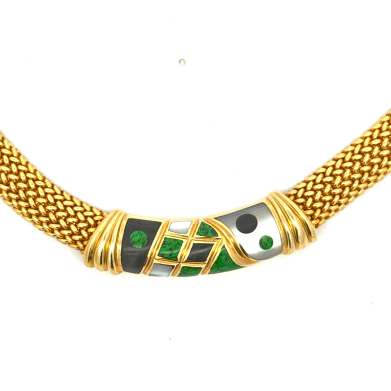 Asch Grossbardt Inlay Onyx, Mother of Pearl, Malachite 14k Yellow Gold Necklace — detail view