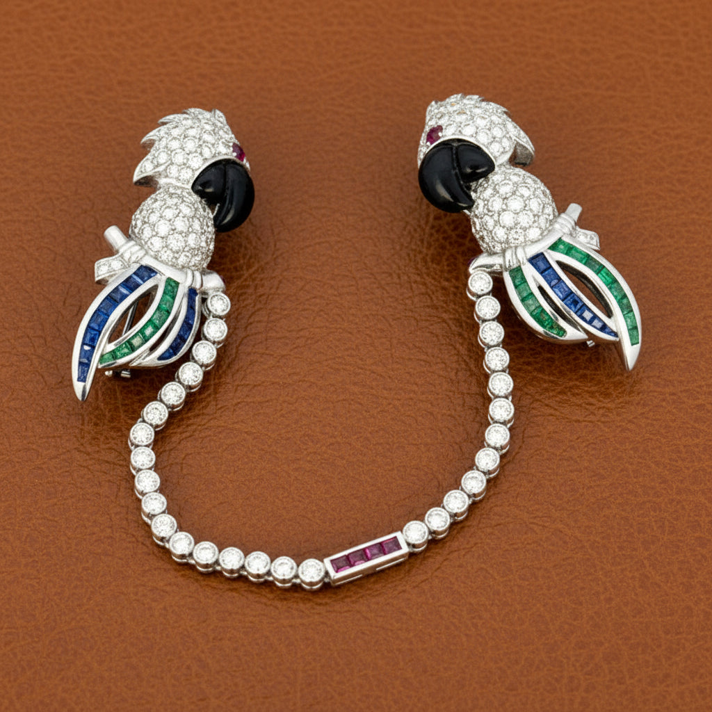 Estate Tutti Frutti Influence Double Clip (Duette) Diamond, Onyx, Emerald, Sapphire, Ruby 18K White Gold Parrott Brooch — side view