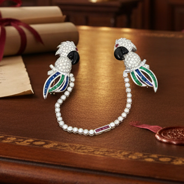 Estate Tutti Frutti Influence Double Clip (Duette) Diamond, Onyx, Emerald, Sapphire, Ruby 18K White Gold Parrott Brooch