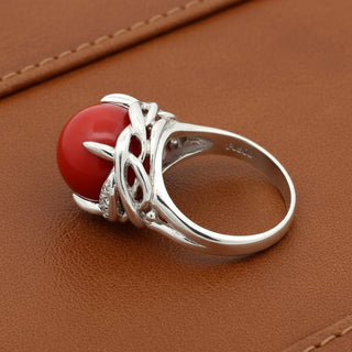 Estate Natural Coral and Diamond Platinum Ring — side view