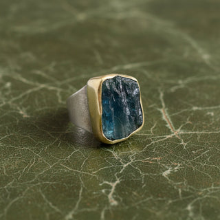 Estate Modern Designer Rough Cut Aquamarine, Silver & 18kt Yellow Gold Set — detail view