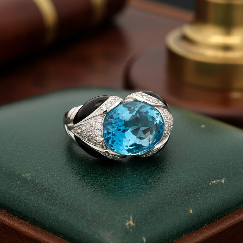 Estate Modern Italian Onyx, Blue Topaz and Diamond 18kt White Gold Ring