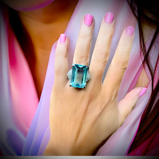 Estate Emerald Cut Aquamarine and Diamond Platinum Ring — side view