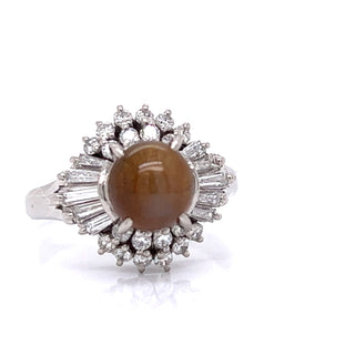 Estate Cat's Eye Green Chrysoberyl & Diamond Platinum Ring — scale view