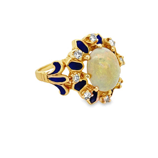 Estate Opal, Diamond and Blue Enamel 14K Yellow Gold Ring — reverse view