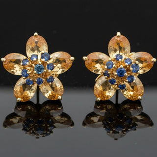 Italian Citrine, Sapphire Floral 18Kt Yellow Gold Earring — side view
