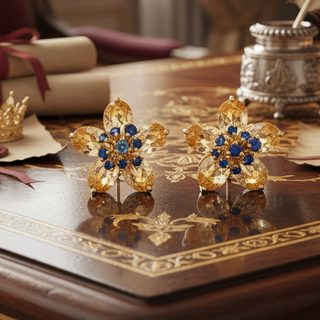Italian Citrine, Sapphire Floral 18Kt Yellow Gold Earring