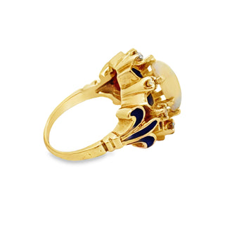 Estate Opal, Diamond and Blue Enamel 14K Yellow Gold Ring — scale view