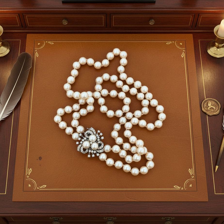 Estate Vintage 1940's 7.5mm Japanese Akoya Cultured Pearl and Diamond 14K White Gold Necklace