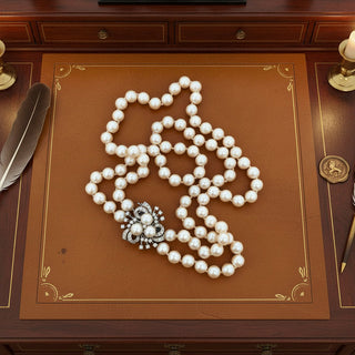 Estate Vintage 1940's 7.5mm Japanese Akoya Cultured Pearl and Diamond 14K White Gold Necklace