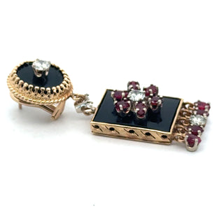 Estate Vintage Diamond Ruby and Onyx Custom Made 14K Yellow/White Gold Earring — alternate view