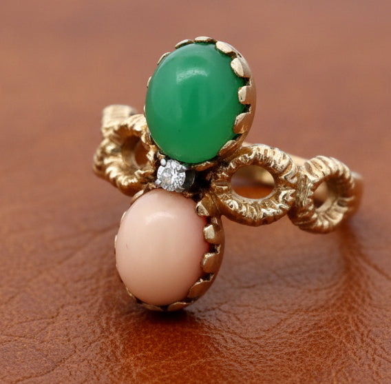 Estate Vintage Italian Diamond Angel Skin Coral and Jade 14K Yellow Gold Ring