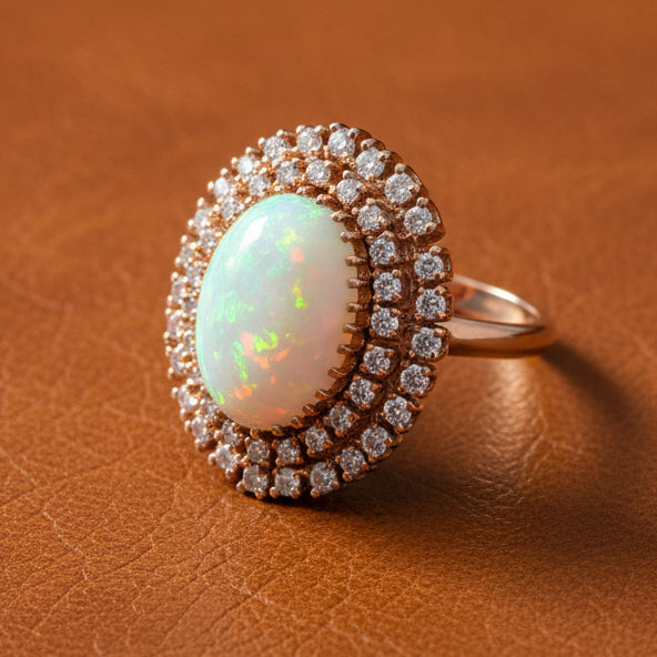 Estate Vintage 1980's Opal and Diamond 14K Yellow Gold Ring